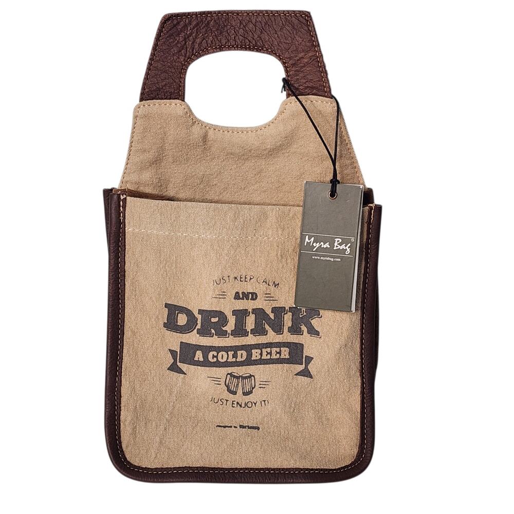 Myra Bag Leather Canvas 6 Pk Beer Caddy Tote Keep Calm And Drink A Cold Beer New
